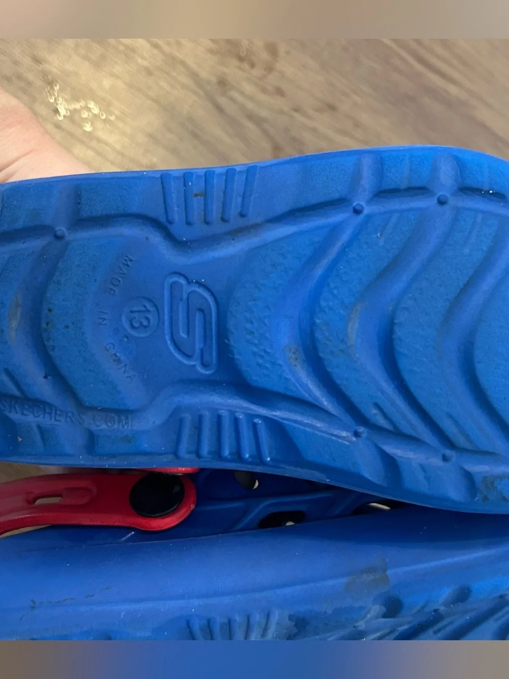 Skechers Kids Bright Blue Slip-On Clogs with Red Heel Straps